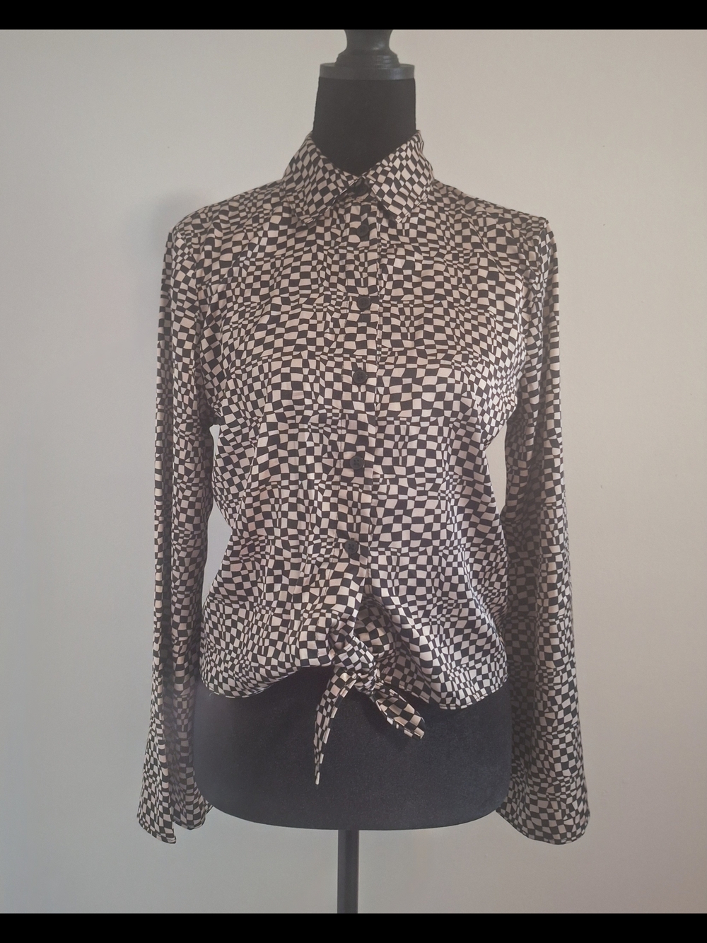 Maison d'Amélie Warped Checkered Tan and Black Button Tie Front Shirt